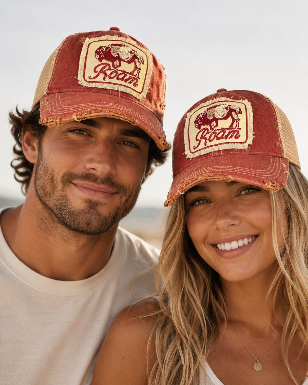 Mason Jar Label “Roam” Bison Unisex Vintage Distressed Trucker Hat